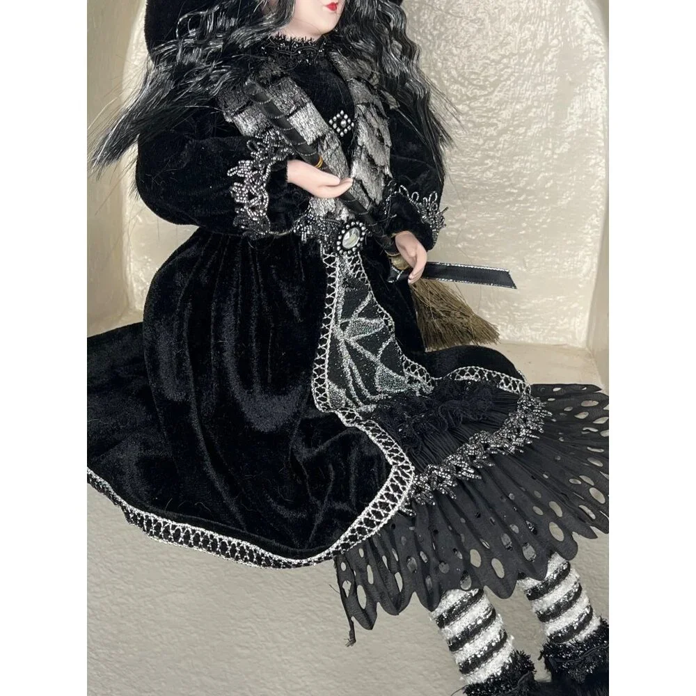 Porcelain Witch Doll Black Silver Velvet Dress Broomstick Halloween Collectible